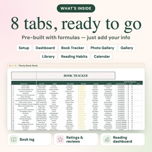 Peut inclure: Un tableur num&eacute;rique intitul&eacute; Planly Book Nook pr&eacute;sentant un tableau Book Tracker avec des colonnes pour le titre, l'auteur, le genre, la note, la source, le format et le statut. Le texte inclut 8 tabs, ready to go, Setup, Dashboard, Book Tracker, Photo Gallery, Gallery, Library, Reading Habits, Calendar, Book log, Ratings & reviews, et Reading dashboard.