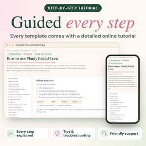 May include: A digital tutorial guide titled How to use Planly Bridal Crew displayed on a laptop screen and a smartphone. The interface includes sections for wedding planning steps, setup requirements, and expense tracking tables.
