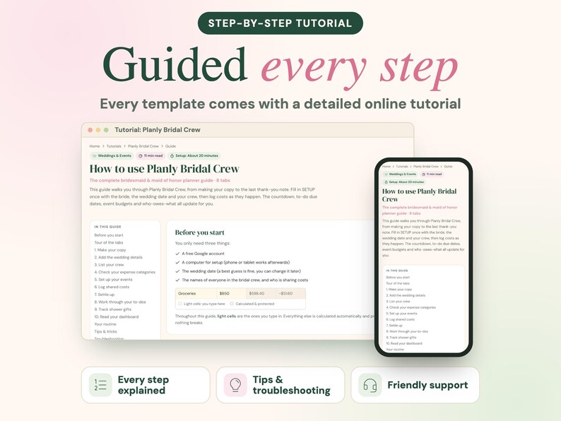 May include: A digital tutorial guide titled How to use Planly Bridal Crew displayed on a laptop screen and a smartphone. The interface includes sections for wedding planning steps, setup requirements, and expense tracking tables.