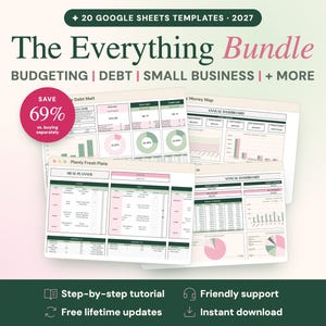 Puede incluir: Un paquete digital de 20 plantillas de Google Sheets para 2027 titulado The Everything Bundle, que incluye herramientas de presupuesto, deuda y pequeñas empresas. La pantalla muestra varios paneles financieros con gráficos y tablas en rosa y verde.