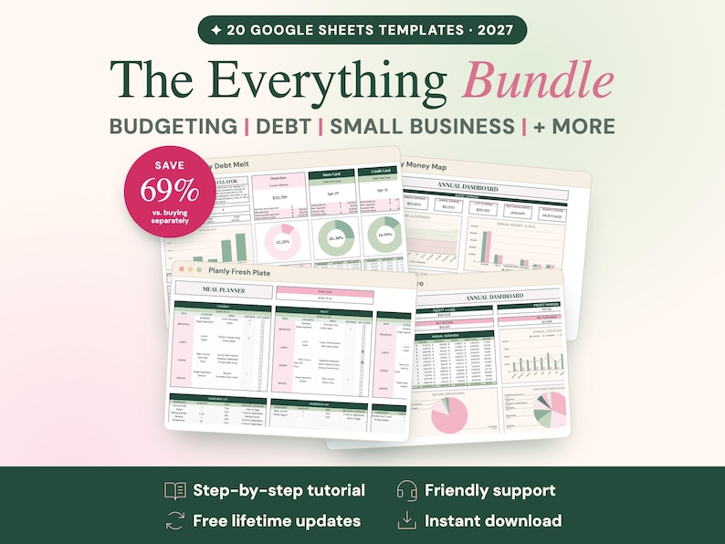 Może przedstawiać: Cyfrowy pakiet 20 szablon&oacute;w Google Sheets na rok 2027 pod tytułem The Everything Bundle, zawierający narzędzia do budżetowania, zarządzania długiem i małymi firmami. Wyświetlacz pokazuje r&oacute;żne pulpity finansowe z wykresami i tabelami w kolorach r&oacute;żowym i zielonym.