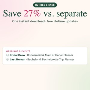 Puede incluir: Un gr&aacute;fico digital de paquete con el texto BUNDLE & SAVE, Save 27% vs. separate, One instant download, free lifetime updates, y una lista WEDDINGS & EVENTS que incluye Bridal Crew Bridesmaid & Maid of Honor Planner y Last Hurrah Bachelor & Bachelorette Trip Planner.