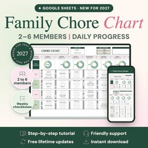 May include: A digital family chore chart for Google Sheets, displayed on a laptop and smartphone screen. The interface features a grid for 2-6 members, daily progress pie charts, and weekly checkboxes. Text includes "Family Chore Chart", "2-6 MEMBERS | DAILY PROGRESS", and "READY FOR 2027".