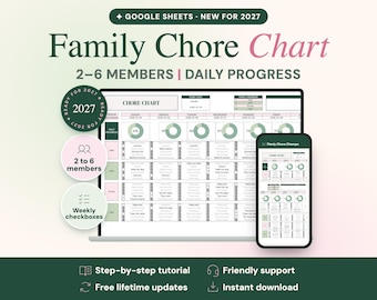 Family Chore Chart Google Sheets, Weekly Tracker for 2-6 Members (Digital Download)