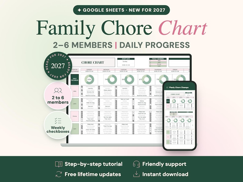 May include: A digital family chore chart for Google Sheets, displayed on a laptop and smartphone screen. The interface features a grid for 2-6 members, daily progress pie charts, and weekly checkboxes. Text includes "Family Chore Chart", "2-6 MEMBERS | DAILY PROGRESS", and "READY FOR 2027".