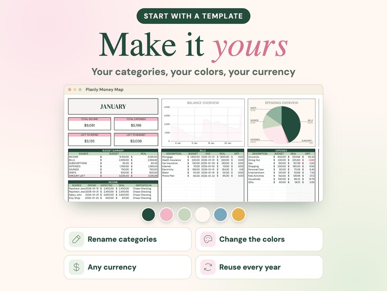 May include: A digital financial spreadsheet template titled Planly Money Map, featuring a January dashboard with income, expense, and budget tables, a balance line graph, and a spending pie chart, with color-coded buttons for customization.