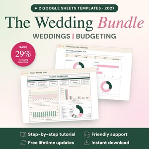 May include: A digital product bundle featuring two 2027 Google Sheets templates for wedding planning and budgeting. The display shows two browser windows with financial dashboards, charts, and graphs, alongside a pink circle graphic stating Save 29%.