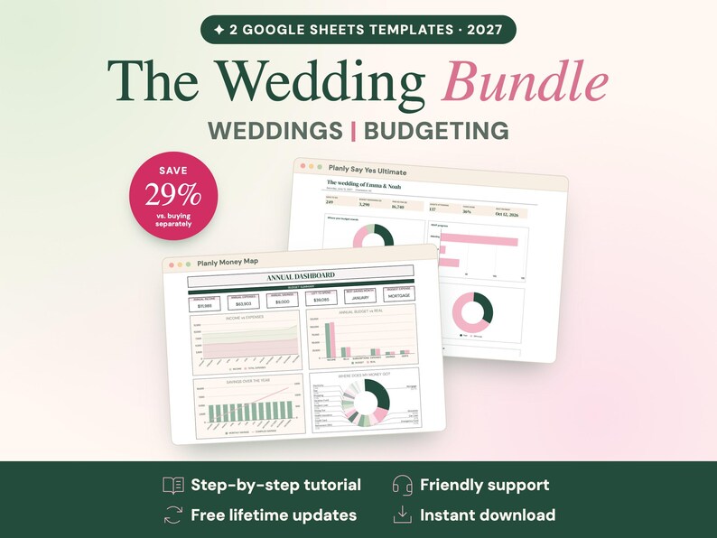 May include: A digital product bundle featuring two 2027 Google Sheets templates for wedding planning and budgeting. The display shows two browser windows with financial dashboards, charts, and graphs, alongside a pink circle graphic stating Save 29%.