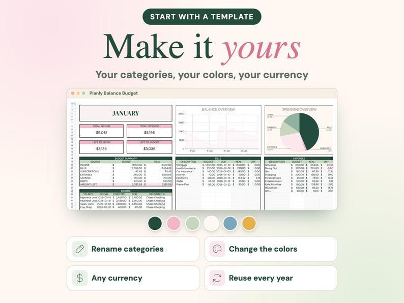 May include: A digital budget spreadsheet template titled Planly Balance Budget featuring tables for income, expenses, and bills, a pie chart for spending overview, and a line graph for balance overview. Includes color swatches and text buttons.
