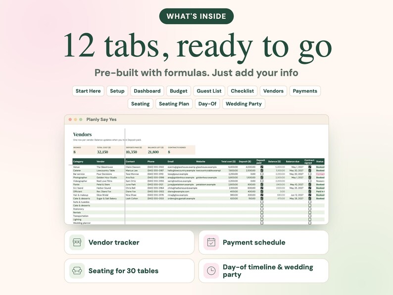 May include: A digital wedding planning spreadsheet interface titled Planly Say Yee, featuring 12 tabs including Start Here, Setup, Dashboard, Budget, Guest List, Checklist, Vendors, Payments, Seating, Seating Plan, Day-Of, and Wedding Party.