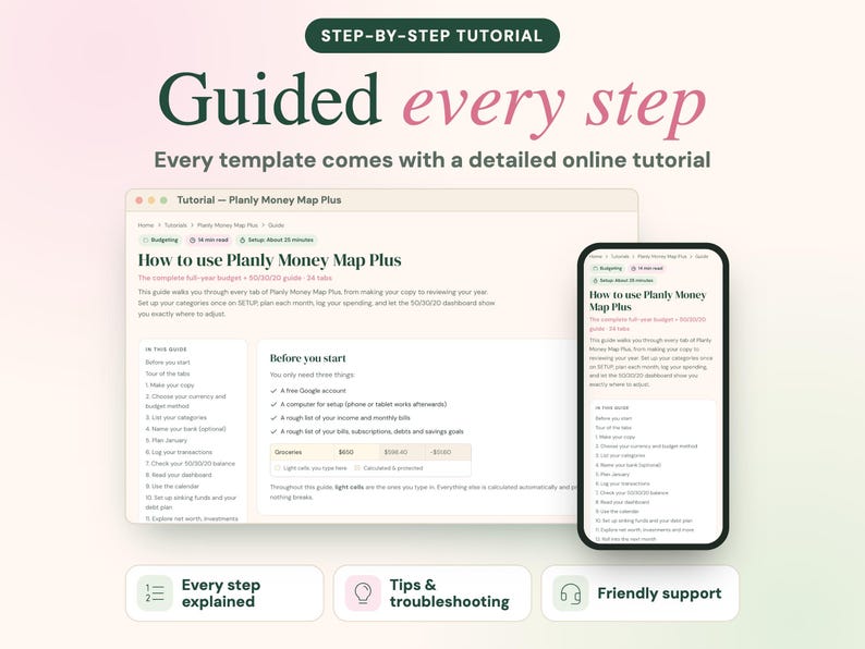May include: A digital tutorial interface for the Planly Money Map Plus budget template displayed on a laptop screen and a smartphone, featuring text headers, step-by-step instructions, and icons for explanation, tips, and support.