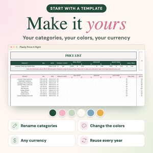 May include: A digital price list template titled Planly Price It Right, featuring columns for product, SKU, date, costs, profit, discount, taxes, and final price. Below are six colored circles and four buttons labeled Rename categories, Change the colors, Any currency, and Reuse every year.