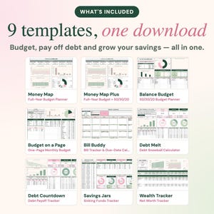 K&ouml;nnte beinhalten: Eine digitale Sammlung von 9 Finanzvorlagen mit den Titeln Money Map, Money Map Plus, Balance Budget, Budget on a Page, Bill Buddy, Debt Melt, Debt Countdown, Savings Jars und Wealth Tracker, inklusive Diagrammen und Tabellen.