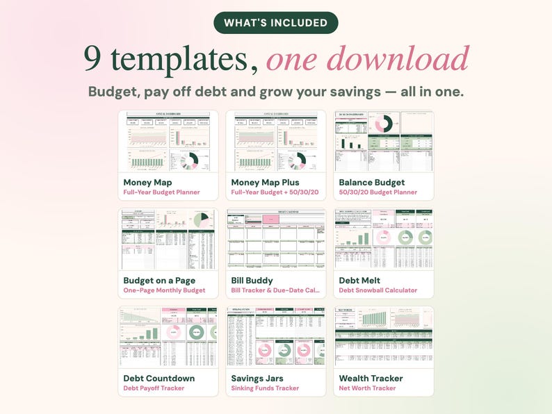 K&ouml;nnte beinhalten: Eine digitale Sammlung von 9 Finanzvorlagen mit den Titeln Money Map, Money Map Plus, Balance Budget, Budget on a Page, Bill Buddy, Debt Melt, Debt Countdown, Savings Jars und Wealth Tracker, inklusive Diagrammen und Tabellen.
