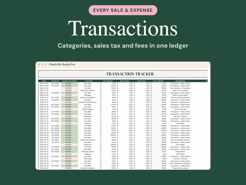 May include: A digital transaction tracker spreadsheet titled Planly Biz Books Pro. The ledger features columns for date, invoice number, income or expense, category, net amount, sales tax, other fees, total amount, and description.