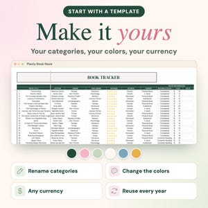 Peut inclure: Un mod&egrave;le num&eacute;rique de suivi de lecture intitul&eacute; Planly Book Nook pr&eacute;sentant une feuille de calcul avec des colonnes pour le titre, l'auteur, le genre, la note et le statut. Six cercles color&eacute;s et quatre boutons Renommer les cat&eacute;gories, Changer les couleurs, Toute devise et R&eacute;utiliser chaque ann&eacute;e sont affich&eacute;s.