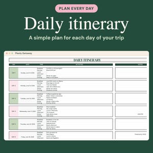 May include: A digital daily itinerary planner template on a dark green background. The document features a table with columns for day, date, time, activities, and notes, with text reading PLAN EVERY DAY, Daily itinerary, and Planly Getaway.