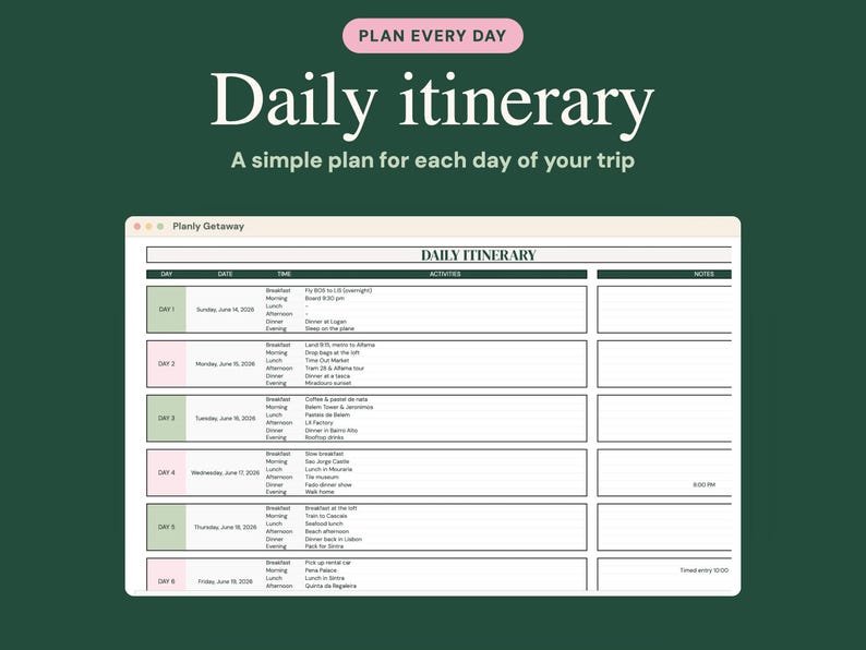 May include: A digital daily itinerary planner template on a dark green background. The document features a table with columns for day, date, time, activities, and notes, with text reading PLAN EVERY DAY, Daily itinerary, and Planly Getaway.