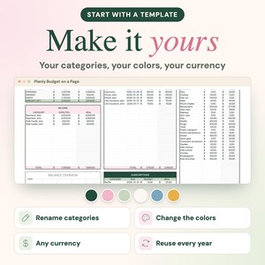Puede incluir: Una plantilla de hoja de c&aacute;lculo de presupuesto digital titulada Planly Budget on a Page, con columnas para ingresos, gastos y suscripciones. Debajo de la hoja de c&aacute;lculo hay seis muestras de color circulares y cuatro botones etiquetados como Rename categories, Change the colors, Any currency y Reuse every year.