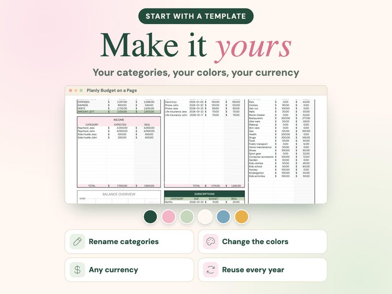 Puede incluir: Una plantilla de hoja de c&aacute;lculo de presupuesto digital titulada Planly Budget on a Page, con columnas para ingresos, gastos y suscripciones. Debajo de la hoja de c&aacute;lculo hay seis muestras de color circulares y cuatro botones etiquetados como Rename categories, Change the colors, Any currency y Reuse every year.