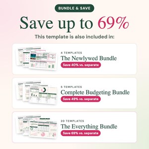 May include: A digital graphic displaying bundle options with the text BUNDLE & SAVE, Save up to 69%, and This template is also included in. It lists The Newlywed Bundle, Complete Budgeting Bundle, and The Everything Bundle with template counts.