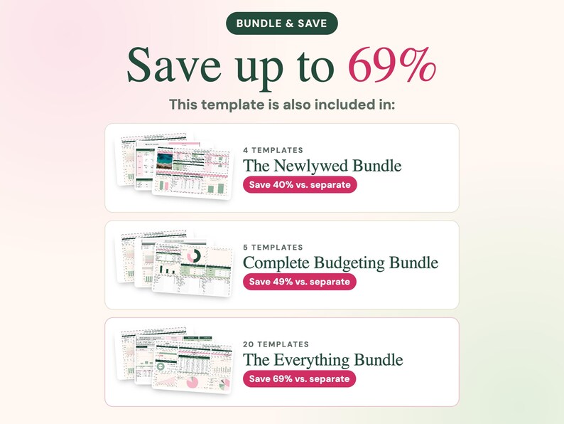 May include: A digital graphic displaying bundle options with the text BUNDLE & SAVE, Save up to 69%, and This template is also included in. It lists The Newlywed Bundle, Complete Budgeting Bundle, and The Everything Bundle with template counts.