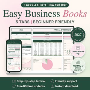 May include: A digital Google Sheets business bookkeeping template featuring an annual dashboard with tables, charts, and financial data. The display includes a laptop and smartphone screen, with circular badges labeled 2027, Transaction log, and Monthly & annual reports.