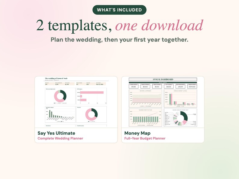 May include: A digital product display featuring two templates: Say Yes Ultimate Complete Wedding Planner and Money Map Full-Year Budget Planner. The text reads: WHAT'S INCLUDED 2 templates, one download. Plan the wedding, then your first year together.