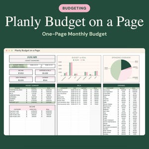 May include: A digital monthly budget planner template titled Planly Budget on a Page. The interface features a dashboard with sections for income, expenses, bills, debt payments, and savings, including a bar chart and a pie chart for spending overview.