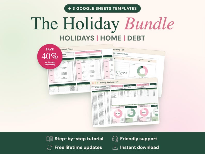 Puede incluir: Un paquete de productos digitales con tres plantillas de Google Sheets tituladas The Holiday Bundle, Holidays, Home, Debt. La interfaz muestra tablas, gr&aacute;ficos y secciones codificadas por colores rosa y verde para planificaci&oacute;n, ahorros y listas.