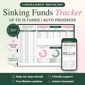 Puede incluir: Un rastreador digital de fondos de reserva para Google Sheets, mostrado en una computadora portátil y un teléfono inteligente con datos financieros, gráficos y tablas. El texto incluye 'Sinking Funds Tracker' y 'Ready for 2027'.