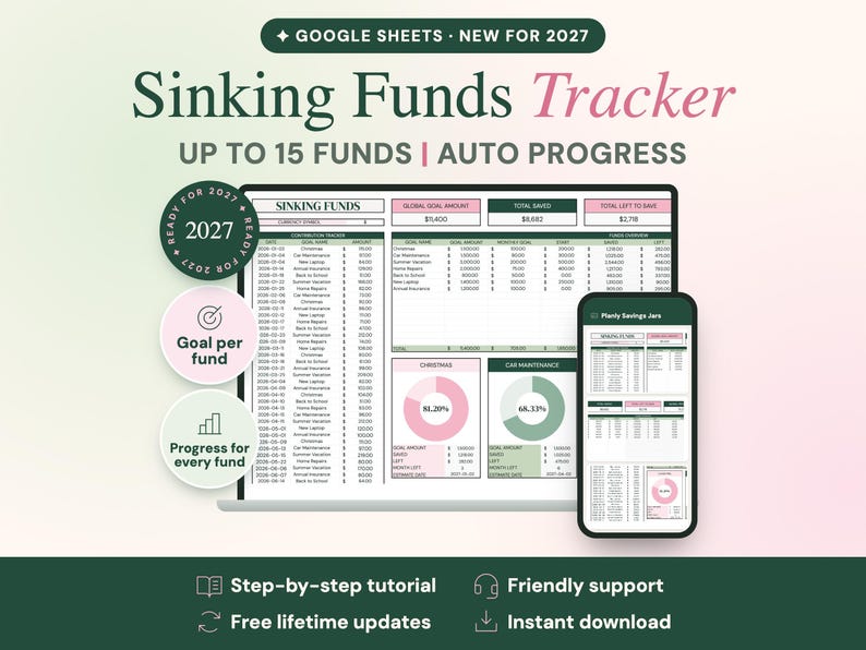 May include: A digital Sinking Funds Tracker for Google Sheets, featuring a laptop and smartphone displaying financial data, charts, and tables. Text includes 'Sinking Funds Tracker', 'Up to 15 Funds', 'Auto Progress', and 'Ready for 2027'.
