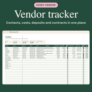 May include: A digital vendor tracker spreadsheet displayed on a screen with the text Every Vendor, Vendor tracker, and Contacts, costs, deposits and contracts in one place. The table includes columns for category, vendor, contact, and financial data.