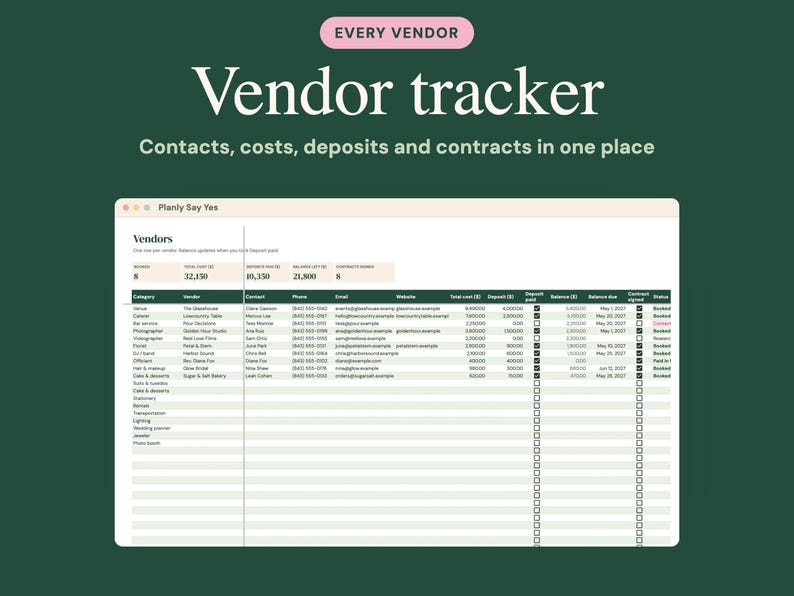 May include: A digital vendor tracker spreadsheet displayed on a screen with the text Every Vendor, Vendor tracker, and Contacts, costs, deposits and contracts in one place. The table includes columns for category, vendor, contact, and financial data.