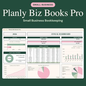 Może przedstawiać: Cyfrowy pulpit nawigacyjny do księgowości zatytułowany Planly Biz Books Pro na rok 2026. Interfejs zawiera tabelę rocznego przeglądu, wskaźniki zysk&oacute;w i strat, wykresy przychod&oacute;w i wydatk&oacute;w oraz wykres skumulowanego zysku w kolorach kremowym, r&oacute;żowym i ciemnozielonym.