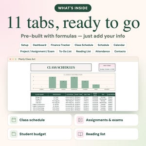 Może przedstawiać: Cyfrowy interfejs planera o nazwie Planly Class Act z 11 zakładkami: Setup, Dashboard, Finance Tracker, Class Schedule, Schedule, Calendar, Project/Assignment/Exam, To-Do List, Reading List, Attendance oraz Contacts.