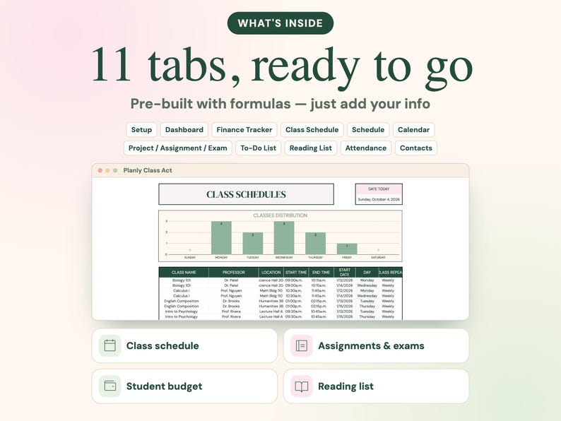 Może przedstawiać: Cyfrowy interfejs planera o nazwie Planly Class Act z 11 zakładkami: Setup, Dashboard, Finance Tracker, Class Schedule, Schedule, Calendar, Project/Assignment/Exam, To-Do List, Reading List, Attendance oraz Contacts.