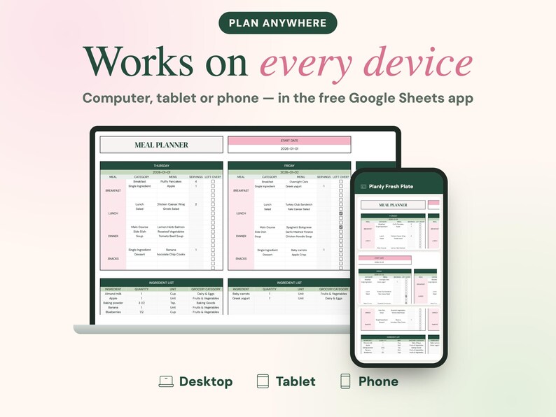 May include: A digital meal planner template displayed on a laptop screen and a smartphone. The interface features tables for meals, ingredients, and grocery lists with pink and dark green accents. Text includes PLAN ANYWHERE, Works on every device, and Planly Fresh Plate.