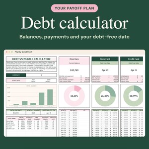 May include: A digital debt calculator spreadsheet titled Planly Debt Melt on a dark green background. The interface features a Debt Snowball Calculator, overview sections, bar charts, pie charts, and tables tracking balances, payments, and interest rates.