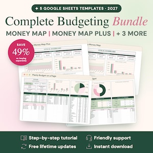 May include: A digital bundle of 5 Google Sheets templates for 2027, titled Complete Budgeting Bundle. Includes Money Map and Money Map Plus dashboards with charts, tables, and financial data. A pink circular badge indicates a 49% savings.