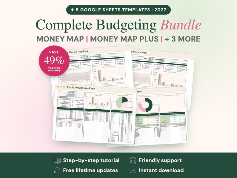 May include: A digital bundle of 5 Google Sheets templates for 2027, titled Complete Budgeting Bundle. Includes Money Map and Money Map Plus dashboards with charts, tables, and financial data. A pink circular badge indicates a 49% savings.