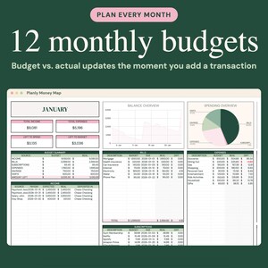 Pu&ograve; includere: Un'interfaccia di pianificazione budget digitale intitolata Planly Money Map, che presenta 12 budget mensili, un grafico di riepilogo del saldo, un grafico a torta delle spese e tabelle dettagliate per entrate e fatture.