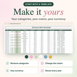 May include: A digital transaction tracker spreadsheet titled Planly Biz Books Pro with columns for date, invoice, income or expense, category, net amount, sales tax, fees, and total. Includes color-coded rows and six circular color swatches below.
