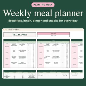May include: A digital weekly meal planner template titled Planly Fresh Plate with a dark green background. The interface features columns for breakfast, lunch, dinner, and snacks, including ingredient lists and checkboxes for daily tracking.