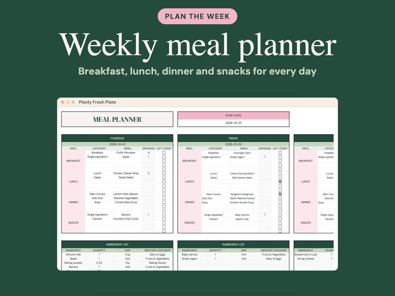May include: A digital weekly meal planner template titled Planly Fresh Plate with a dark green background. The interface features columns for breakfast, lunch, dinner, and snacks, including ingredient lists and checkboxes for daily tracking.