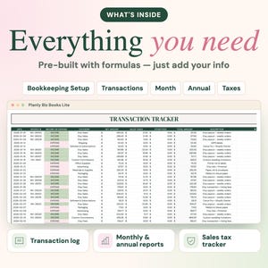 May include: A digital bookkeeping spreadsheet titled Planly Biz Books Lite featuring a transaction tracker with columns for date, invoice, income or expense, category, net amount, sales taxes, other fees, total amount, and description.