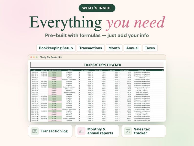 May include: A digital bookkeeping spreadsheet titled Planly Biz Books Lite featuring a transaction tracker with columns for date, invoice, income or expense, category, net amount, sales taxes, other fees, total amount, and description.