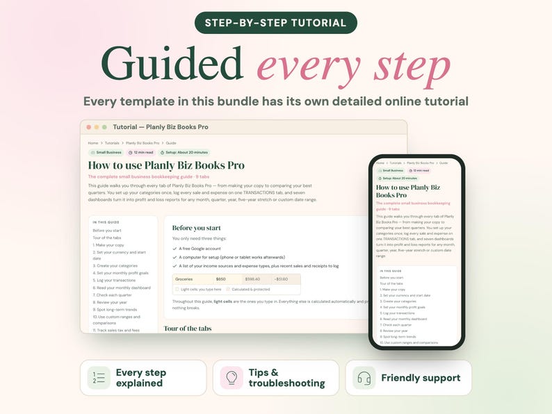 K&ouml;nnte beinhalten: Eine digitale Tutorial-Oberfl&auml;che f&uuml;r Planly Biz Books Pro, dargestellt auf einem Laptop- und Smartphone-Bildschirm. Der Text lautet Step-by-Step Tutorial, Guided every step und How to use Planly Biz Books Pro, mit Symbolen f&uuml;r Erkl&auml;rungen.