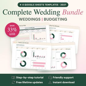 May include: A digital bundle of four Google Sheets templates for wedding budgeting, featuring charts, graphs, and dashboards in pink and dark green. Text includes 4 Google Sheets Templates 2027, Complete Wedding Bundle, Weddings | Budgeting, and Save 33%.