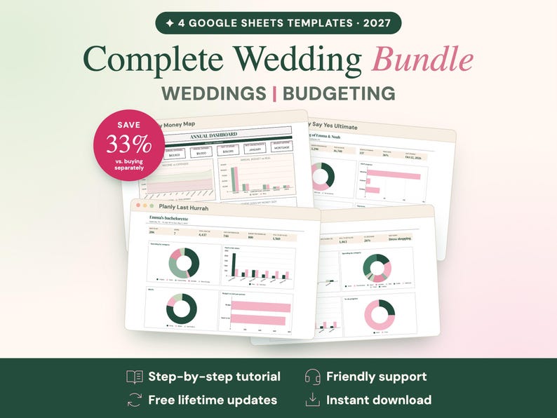 May include: A digital bundle of four Google Sheets templates for wedding budgeting, featuring charts, graphs, and dashboards in pink and dark green. Text includes 4 Google Sheets Templates 2027, Complete Wedding Bundle, Weddings | Budgeting, and Save 33%.